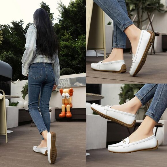 Kordal Women's White Leather Gold Accent Buckle Slip-Ons Walking Flats Loafers - Picture 6 of 9